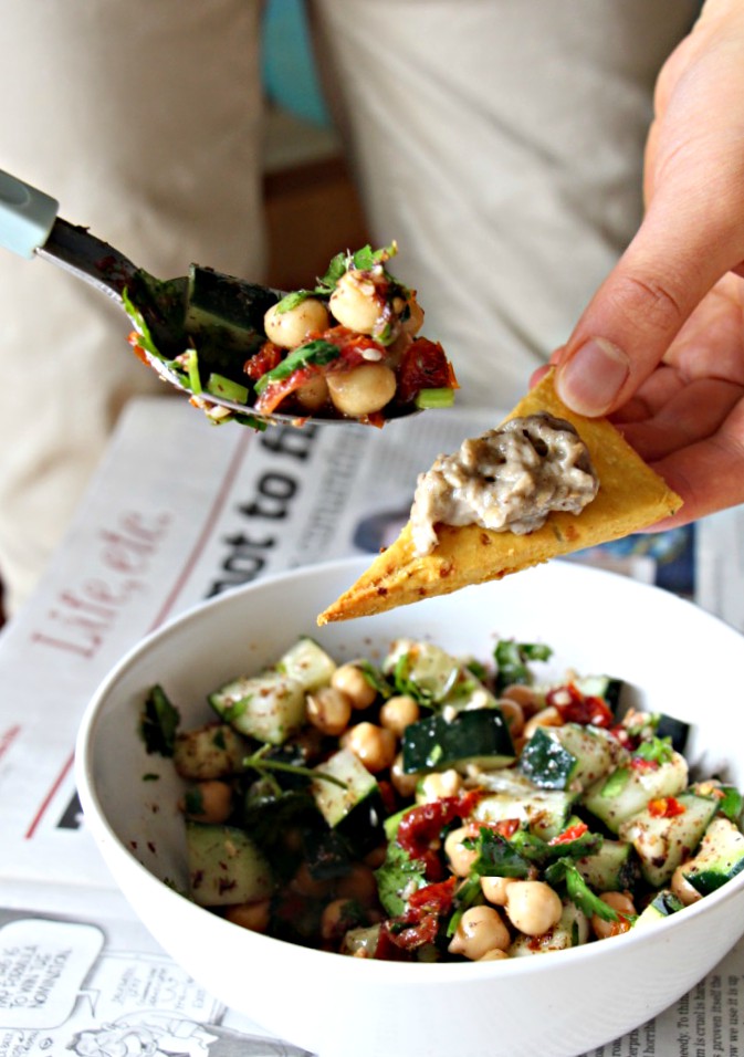 Mediterranean Chickpea Salad + Gluten Free Pita Chips (Vegan, Grain-Free)