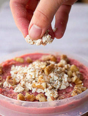 Beet Hummus with Vegan Feta Cheese & Toasted Walnuts (GF, Oil-Free, Tahini-Free)