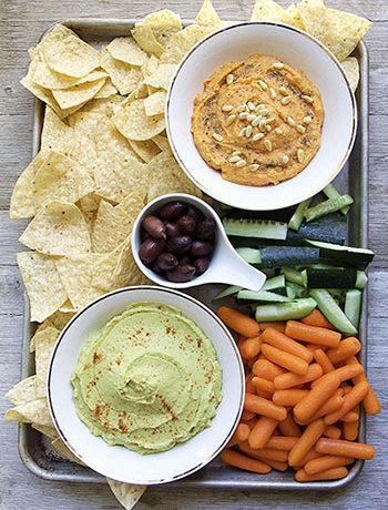 Tahini Free, Oil Free Hummus: Avocado Hummus and Roasted Bell Pepper Hummus