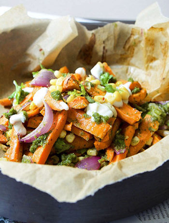 Roasted Carrot Salad with Charred Scallion-Cilantro Pesto (Nut-Free, Oil-Free, Vegan, GF, Paleo)