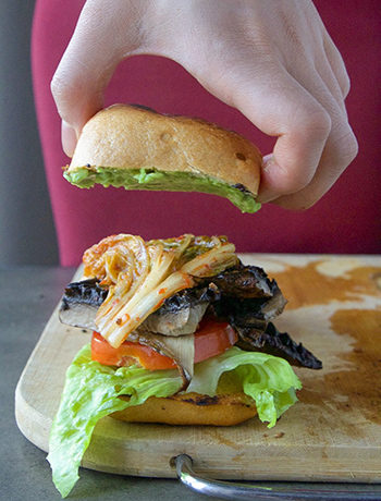 Mushroom Burger with Avocado and Kimchi (Gluten Free + Vegan)