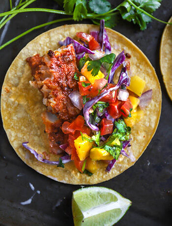 The BEST Fish Tacos with Mango salsa and Creamy Slaw (GF, DF, Oil-Free)