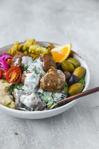 GLUTEN FREE Turkey Greek Meatballs with Creamy Dairy Free Tzatziki (Paleo, Low Carb)